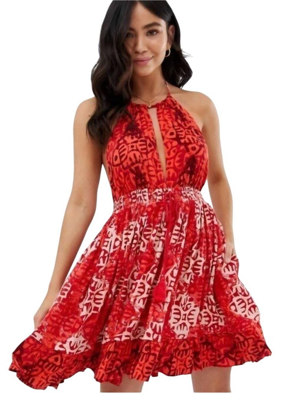 Free People Beach Day Red Block Print Halter Top Open Back Swing Dress Size M